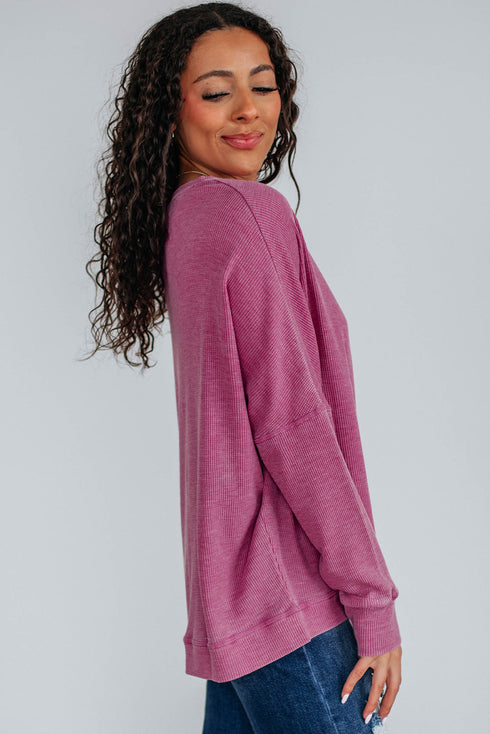 Waffle Knit Drop Shoulder Wide Crewneck Banded Hem Loose Fit Top